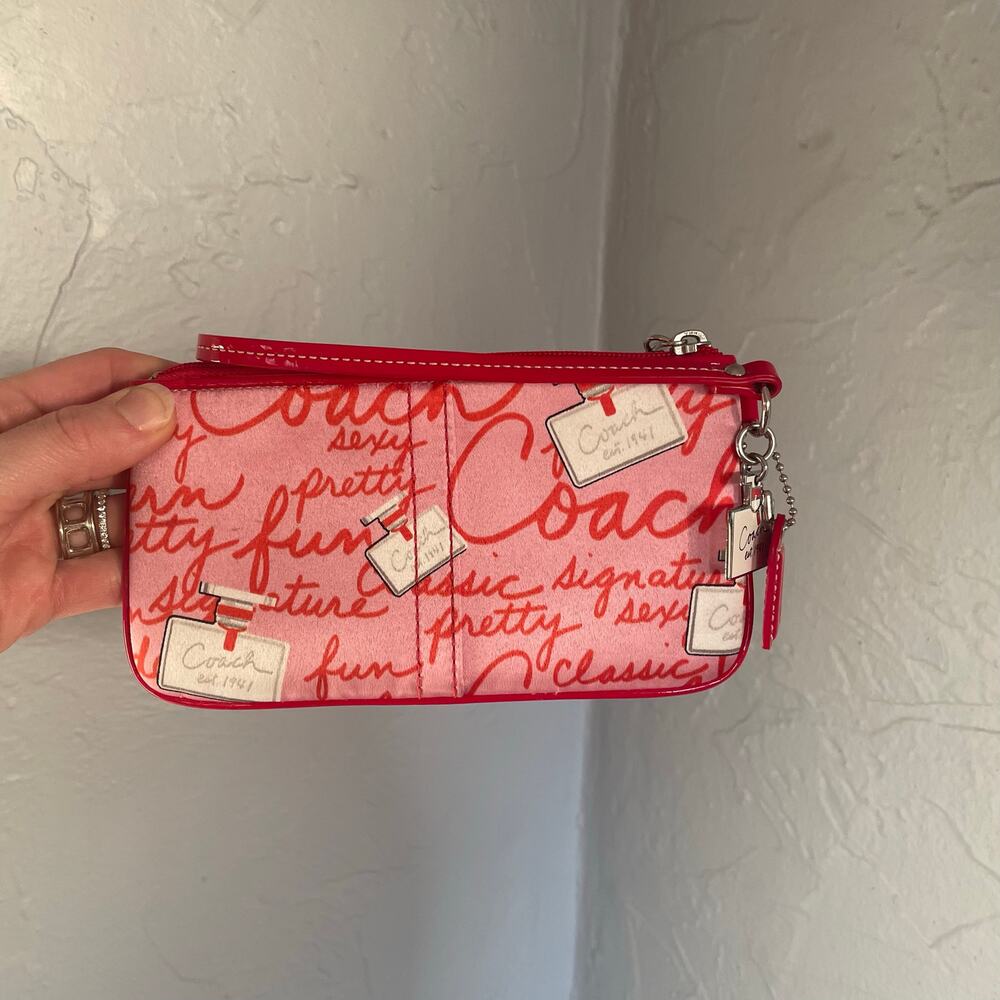 RARE Red Pink Coach Limited Edition Perfume Print Wristlet Bag Sateen Vintage - Picture 2 of 8